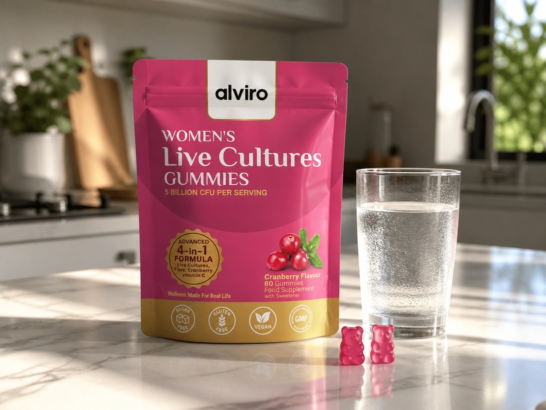 a hyper-realistic e-commerce lifestyle photo of an alviro pink gummy pouch sitting on a white marble bathroom vanity next to a minimalist glass perfume bottle and a ceramic jewelry tray, captured in raw iphone style with natural morning side-lighting, soft reflections in a background mirror, and a 4:3 aspect ratio. use the provided alviro pouch as the exact reference for the packaging to keep the medical branding consistent alviro pregnancy probiotic pouch on a white marble kitchen counter next to a glass of water and two bear gummies in natural morning light